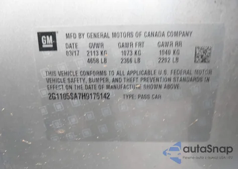 2017 Chevrolet Impala 1Lt z USA, uszkodzony, nr VIN 2G1105SA7H9176142